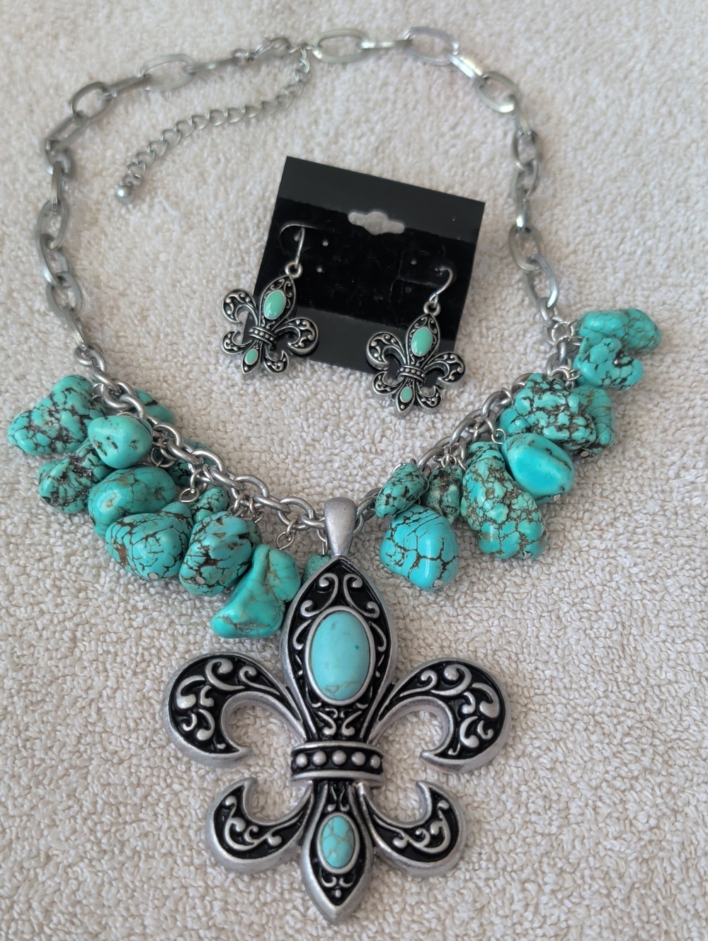 Turquoise Fleur-de-Lis Statement Necklace and Earring Set